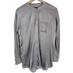Lysse Gray Satin Button Down Blouse Long Sleeve Pocket Top Size S